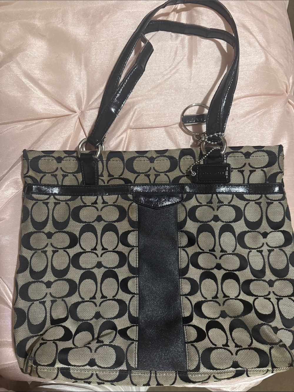 Vintage Coach Black and Tan Signature Canvas Tote